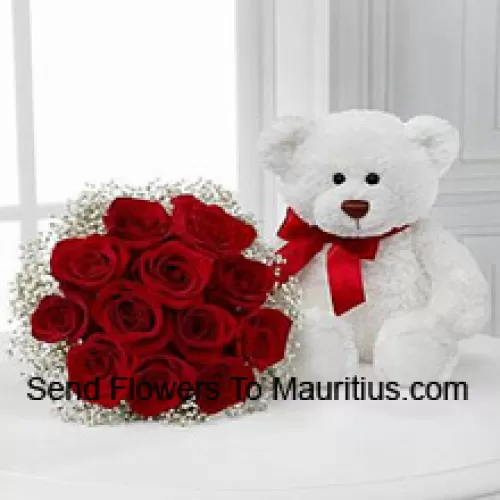 Ramo de 12 rosas rojas con relleno de temporada junto con un lindo oso de peluche blanco de 14 pulgadas de altura