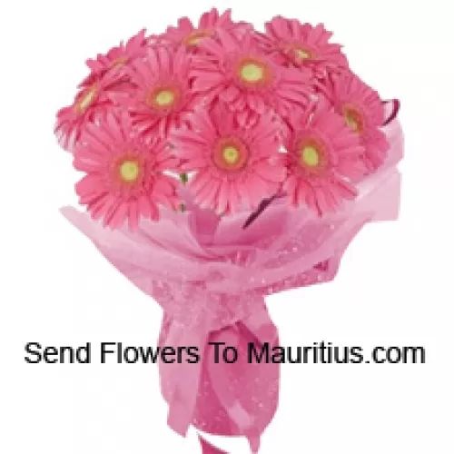 باقة جميلة تحتوي على 12 زهرة جربيرا وردية اللون مع ملء موسمي