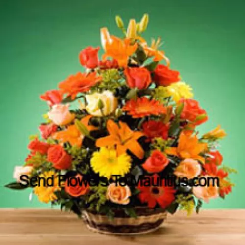 Basket Of Assorted Flowers Including Roses and Gerberas Of Assorted Color. This Basket Also Has Seasonal Fillers