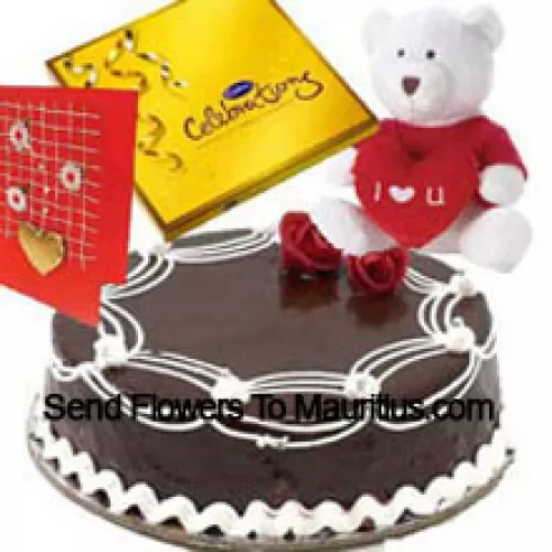 1 Kg Truffle Cake, A Box Of Cadbury's Celebration Pack, I Love You Teddy Bear And A Free Greeting Card (Please note that cake delivery is only available for Metro Manila Region. Any cake delivery orders outside Metro Manila will be substituted with Chocolate Brownie Cake without cream or the recipient shall be offered a Red Ribbon Voucher enough to buy the same cake)