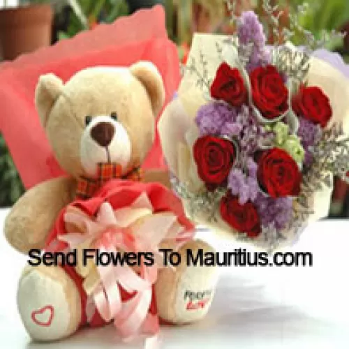 Ramo de 6 rosas rojas y un lindo oso de peluche de tamaño mediano
