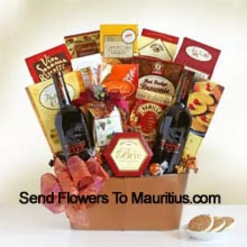 Dieser Geschenkkorb enthält eine Flasche Cabernet Sauvignon (Rotwein), eine Flasche Merlot (Rotwein), Cantuccini, Lindt Pralinen, Gourmet-Snack-Mix, Sonoma-Käsestangen, Käse, Fladenbrot-Chips, Cranberry-Ernte-Mischung, Karottenkuchen-Kekse, geröstete Mandeln, einen heißen Schokoladen-Brownie, Vanille-Karamell, Gourmet-Popcorn und französische Vanille-Waffelkekse. (Der Inhalt des Korbs, einschließlich Wein, kann je nach Saison und Lieferort variieren. Bei Nichtverfügbarkeit eines bestimmten Produkts ersetzen wir dieses durch ein Produkt von gleichem oder höherem Wert)