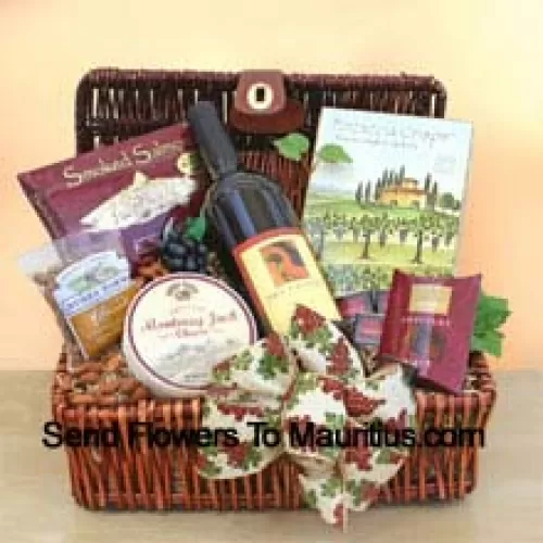 This Gift basket includes a hearty red  wine along with tasty smoked salmon, creamy cheese, focaccia crisps, almonds, and chocolate squares. (Contents of basket including wine may vary by season and delivery location. In case of unavailability of a certain product we will substitute the same with a product of equal or higher value)