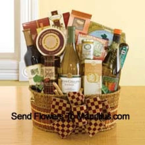 Esta cesta de regalo contiene tres botellas distintivas de vino (Chardonnay, Sauvignon Blanc y Cabernet). También incluye galletas de té inglés, queso, galletas wafer Dolcetto, almendras ahumadas de California, galletas focaccia, salami, mostaza del Valle de Napa, biscotti y cuadrados de chocolate Ghirardelli. (El contenido de la cesta, incluido el vino, puede variar según la temporada y el lugar de entrega. En caso de indisponibilidad de algún producto, lo sustituiremos por un producto de igual o mayor valor)