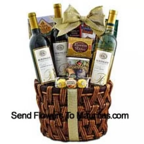 This Gift Basket includes Beringer California Collection Cabernet Sauvignon Red Wine, Beringer California Collection Merlot Red Wine, Beringer California Collection Pinot Grigio White Wine, Ghirardelli chocolate, Ferrero Rocher fine hazelnut chocolates, Napa Valley honey mustard sourdough nuggets, Cashew Roca buttercrunch toffee with chocolate and cashews, Rademaker raspberry chocolate sticks, JM Morgans licorice petites And Fancy mixed nuts in a gift tin. (Contents of basket including wine may vary by season and delivery location. In case of unavailability of a certain product we will substitute the same with a product of equal or higher value)