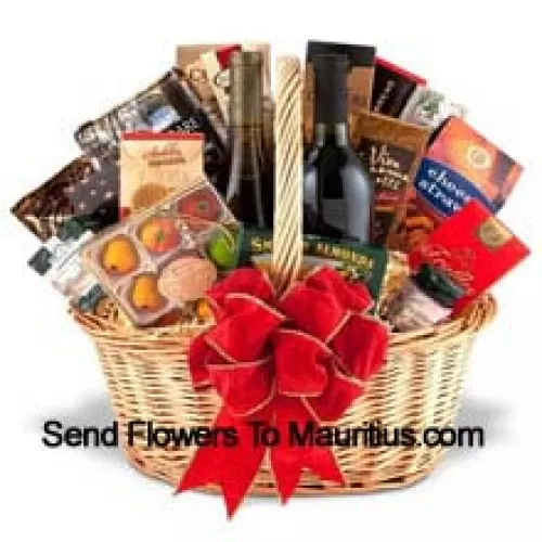 This Gift Basket includes two well-regarded red wines, Specialty crackers, Delicious cheese, savory dips, Smoked seafood, Cookies, Candies and Gourmet coffees or fine teas. (Contents of basket including wine may vary by season and delivery location. In case of unavailability of a certain product we will substitute the same with a product of equal or higher value)