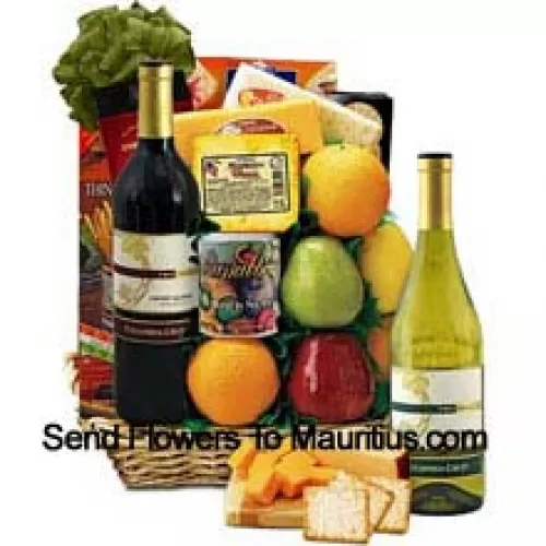 This Gift Basket includes Columbia-Crest cabernet sauvignon red wine, Columbia-Crest Chardonnay white wine, 6 pieces of orchard fresh fruit, Monterey Jack cheese, Colby Cheddar, Muenster cheeses, Barber cream crackers, Monet crispy crackers, Imported traditional Italian breadsticks, Salem Baking Co. cheese straws, Chio stickletti pretzel sticks and Deluxe mixed nuts in a gift tin. (Contents of basket including wine may vary by season and delivery location. In case of unavailability of a certain product we will substitute the same with a product of equal or higher value)