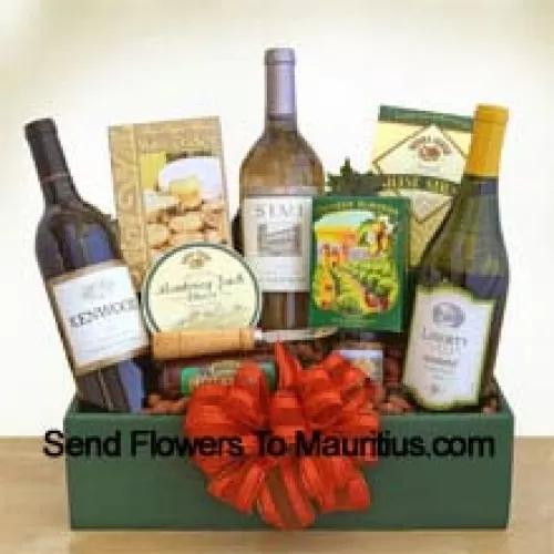 This Gift Basket tied with a beautiful bow holds Cabernet Sauvignon, Chardonnay and a delicious Sauvignon Blanc. Accompanying gourmet snacks include Monterey Jack cheese, Three Pepper water crackers, smoked almonds, a cheese spreader, Sonoma cheese straws, salami and a mini Napa Valley mustard. (Contents of basket including wine may vary by season and delivery location. In case of unavailability of a certain product we will substitute the same with a product of equal or higher value)