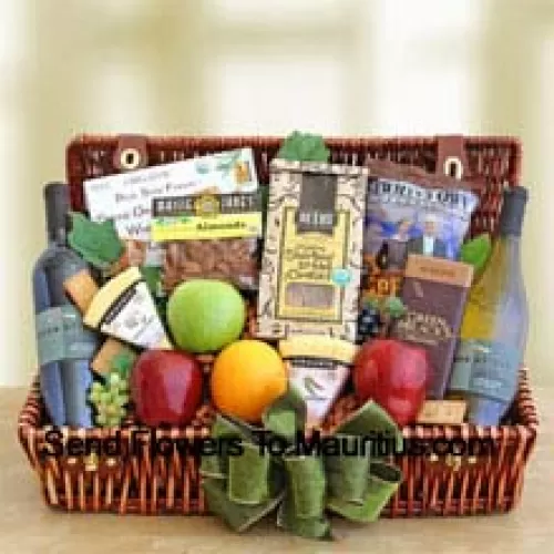 This Christmas Gift Basket includes Fresh fruits, such as crisp apples and juicy oranges, two organic creamy cheeses and stone ground crackers, two bottles of organic wine, premium roasted organic almonds, a bag of crispy chips and delicious Shortnin’ bread cookies. (Contents of basket including wine may vary by season and delivery location. In case of unavailability of a certain product we will substitute the same with a product of equal or higher value)