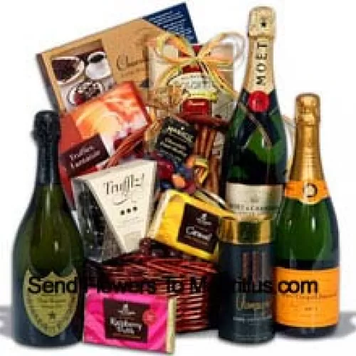 Deze Vaderdag Geschenkmand bevat Moet & Chandon White Star Champagne - 750 ml, Veuve Clicquot Ponsardin Yellow Label - 750 ml, Dom Perignon - 750 ml, Champagne Trufflz van Marich, Getoaste Amandel Chocolade Kant van Hauser Chocolatier, Donkere Frambozentruffelreep van Lake Champlain Chocolates, Melk Caramel Truffelreep van Lake Champlain, Truffels Fantaisie van Guyaux Chocolatier, Champagne Sticks van Sweet Candy, Chocolade Fruit Medley in Gekleurde Schelpen van Marich en Chocolade Wafelrolletjes van Dolcetto. (Inhoud van de mand inclusief wijn kan variëren per seizoen en bezorglocatie. In geval van onbeschikbaarheid van een bepaald product zullen we het vervangen door een product van gelijke of hogere waarde)