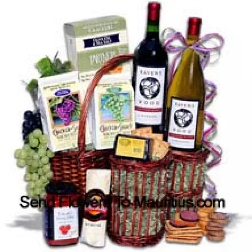 This Gift Basket Includes Chardonnay Vinters Blend by Ravenswood - 750 ml, Zinfandel Vinters Blend by Ravenswood - 750 ml, Partners Hors Doeuvre Deli Style Crackers, White Wine Biscuits by American Vintage, Red Wine Biscuits by American Vintage, Tomato Bruschetta by Elki, Butcher Wrapped Summer Sausage by Sparrer Sausage Company, Hickory and Maple Smoked Cheese by Sugarbush Farm. (Contents of basket including wine may vary by season and delivery location. In case of unavailability of a certain product we will substitute the same with a product of equal or higher value)