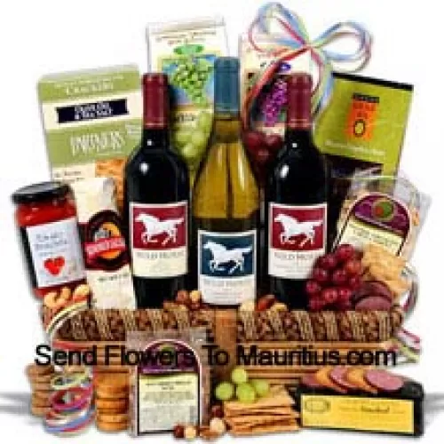 Ten kosz prezentowy zawiera Wild Horse - Cabernet Sauvignon - 750ml, Wild Horse - Chardonnay - 750ml, Wild Horse - Merlot - 750ml, Hors Doeuvre Deli Style Crackers od Partners, Hickory & Maple Smoked Cheese od Sugarbush Farm, Butcher Wrapped Summer Sausage od Sparrer Sausage Co, Tomato Bruschetta od Elki, Red Wine Biscuit od American Vintage, White Wine Biscuit od American Vintage, Nicoise Olives od Barnier, Cashews oraz Boulder's Mixed Nuts. (Zawartość kosza, w tym wino, może się różnić w zależności od pory roku i miejsca dostawy. W przypadku braku określonego produktu zastąpimy go produktem o równoważnej lub wyższej wartości)