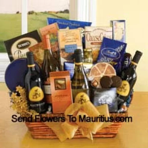 Ce panier-cadeau comprend quatre bouteilles de vin de Californie - Chardonnay, Merlot, Cabernet Sauvignon et Pinot Noir, des toasts bruschetta, du salami, une boîte de biscuits sandwichs au chocolat, du mélange de cacao, des amandes, du saumon fumé, des biscottis, du fromage Brie, des olives, des craquelins, une barre de chocolat Ghirardelli, des bâtonnets au fromage, des truffes au chocolat Lindt et des cookies blondie. (Le contenu du panier, y compris le vin, peut varier en fonction de la saison et du lieu de livraison. En cas d'indisponibilité d'un produit, nous le substituerons par un produit de valeur égale ou supérieure)