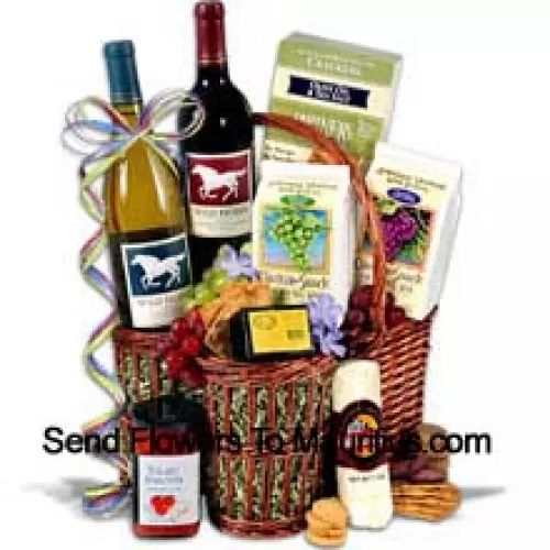 Ce panier-cadeau comprend Wild Horse - Cabernet Sauvignon - 750 ml, Wild Horse - Chardonnay - 750 ml, Hors Doeuvre Deli Style Crackers par Partners, Fromage fumé au hickory et à l'érable par Sugarbush Farm, Saucisson d'été emballé par Sparrer Sausage Co, Bruschetta à la tomate par Elki, Biscuit au vin rouge par American Vintage et Biscuit au vin blanc par American Vintage. (Le contenu du panier, y compris le vin, peut varier en fonction de la saison et du lieu de livraison. En cas de non disponibilité d'un certain produit, nous le substituerons par un produit de valeur égale ou supérieure)