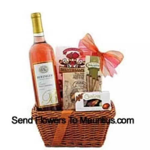 This Gift Basket includes Beringer White Zinfandel Blush Wine, Guylian Belgian chocolate shells, Dolcetto filled wafer rolls, Brent & Sam’s raspberry chocolate chip cookies and East Shore Specialty honey wheat pretzels. (Contents of basket including wine may vary by season and delivery location. In case of unavailability of a certain product we will substitute the same with a product of equal or higher value)