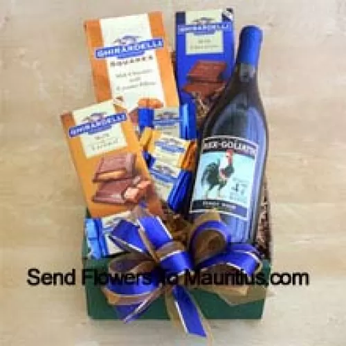 Ce panier-cadeau comprend une bouteille de bon Cabernet de Californie, des carrés de chocolat Ghirardelli et des tablettes de chocolat Ghirardelli au lait et au caramel. (Le contenu du panier, y compris le vin, peut varier en fonction de la saison et du lieu de livraison. En cas de non disponibilité d'un produit, nous le remplacerons par un produit de valeur égale ou supérieure)