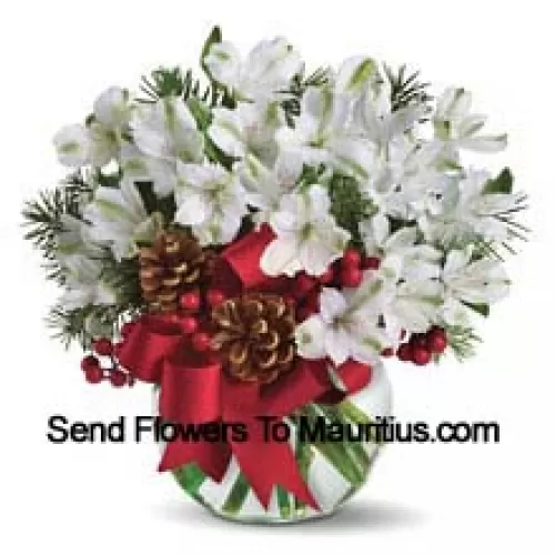 Împărtășește magia Crăciunului alb cu acest buchet vesel de flori albe de alstroemeria aranjate într-o vază cu decorațiuni festive de sărbători. (Vă rugăm să rețineți că ne rezervăm dreptul de a înlocui orice produs cu un produs potrivit de valoare egală în cazul în care un anumit produs nu este disponibil)