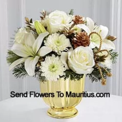 A highly sophisticated expression of the season's most dazzling moments. Snowy white roses, Asiatic lilies and chrysanthemums shed their light and beauty arranged amongst myrtle stems and assorted holiday greens. Accented by gold pinecones and gold cording and placed in a gold pedestal vase, this bouquet creates a wonderful wish for a truly wondrous holiday season. (Please Note That We Reserve The Right To Substitute Any Product With A Suitable Product Of Equal Value In Case Of Non-Availability Of A Certain Product)